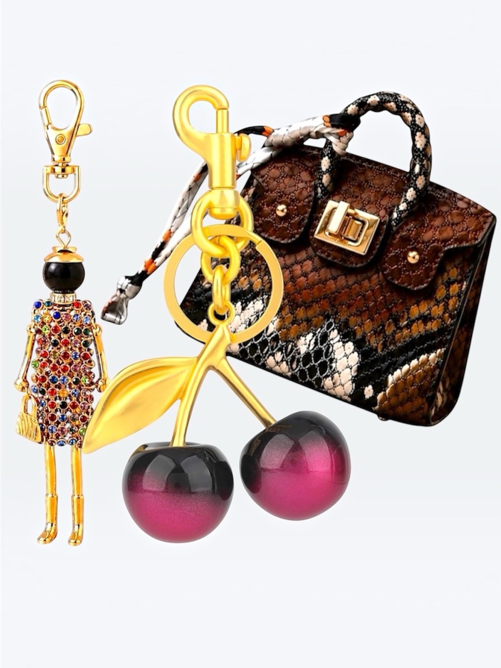 Bundle 3 Fashion Keychain Mini bag charm+doll keychain + black& pink cherry NWT